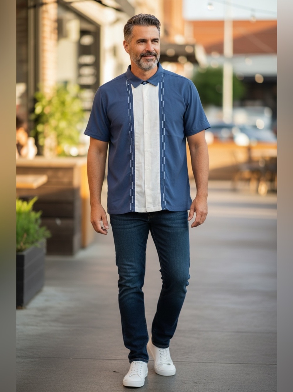 Cubavera Navy Short-Sleeve Polo with White Center Panel AGW02
